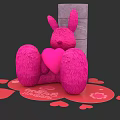 Pink Rabbit Doll Holding Heart with Small Hearts and Gray Block Background