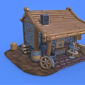 Cartoon Wooden Cabin Scene with Stone Wall Axe Hoe Wheel and Barrel