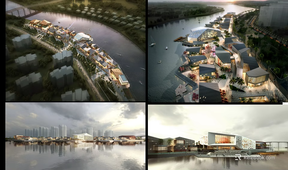Riverside Commercial Street With Traditional Modern Style Buildings Scenic Waterfront Views And Shops 3d model 