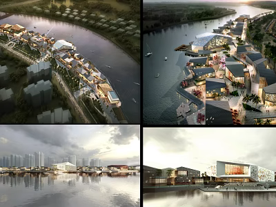 Riverside Commercial Street With Traditional Modern Style Buildings Scenic Waterfront Views And Shops 3d model