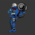 Blue Robot Character Wearing White Helmet With Back Wheels And Weapon