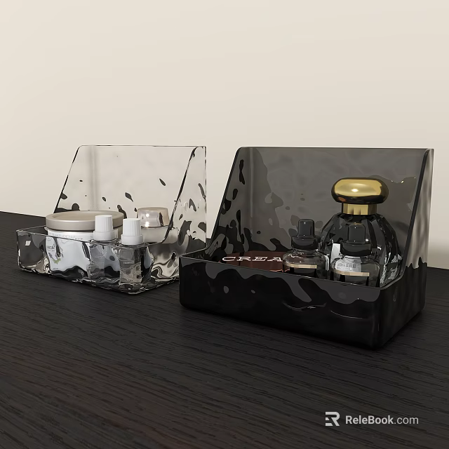 Transparent and Black Acrylic Cosmetic Organizers with Perfume Bottles and Makeup Items 3d model 