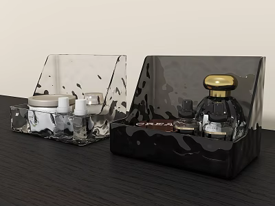 Transparent and Black Acrylic Cosmetic Organizers with Perfume Bottles and Makeup Items 3d model