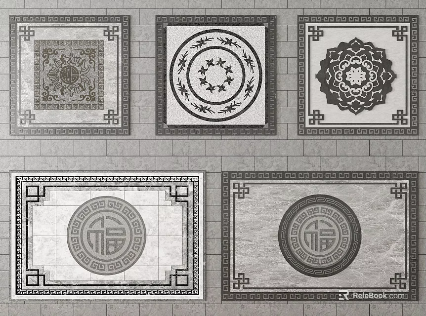 Chinese Traditional Floor Tile Designs With Square Round Patterns And Fu Character Motifs 3d model 