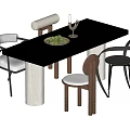Stylish Dining Table Set with Black Top Mixed Material Chairs Fruit Bowl and Candlestick 3d model