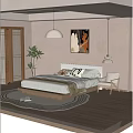 Modern Bedroom Interior Design With Wooden Bed Frame Sliding Doors And Potted Plant Rug Artwork