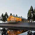Modern Wooden House Exterior With Large Glass Windows Green Trees And Lawn