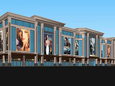Modern Commercial Complex Exterior Design With Large Brand Billboards And Glass Facades 3d model