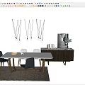Modern Dining Table Set With White Top Black Chairs Wooden Legs Pendant Lights And Cabinet