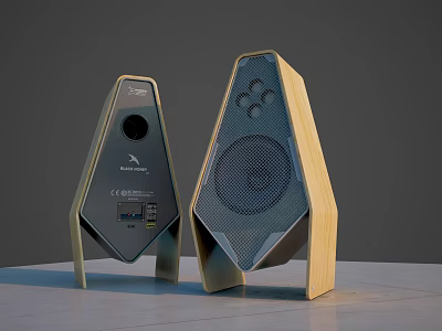 Pair of Modern Wooden Audio Speakers Featuring Triangular Design And Speaker Grilles 3d model