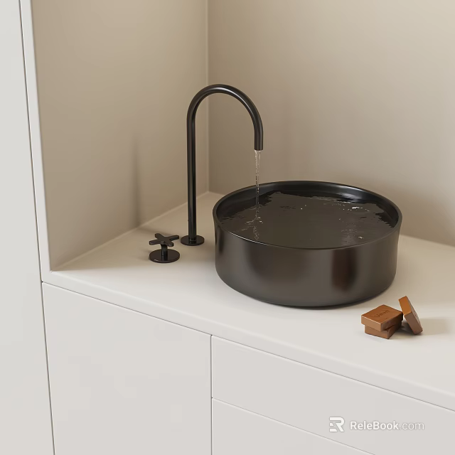 Modern Black Bathroom Sink With Dripping Faucet On White Countertop And Soap Bars 3d model 