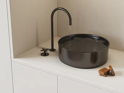 Modern Black Bathroom Sink With Dripping Faucet On White Countertop And Soap Bars 3d model
