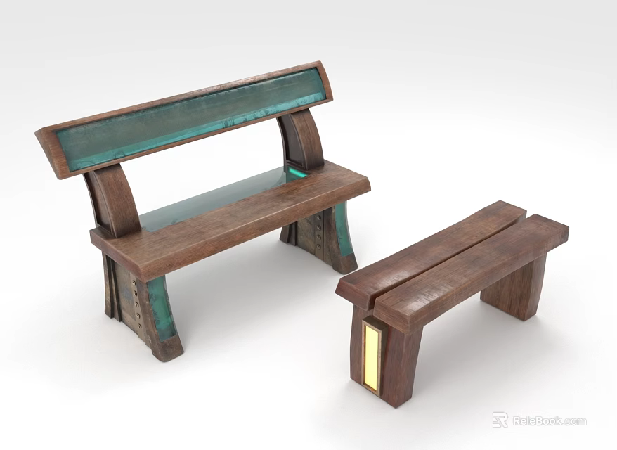 Natural Wooden Outdoor Chairs With Green Backrest Panel And Gold Leg Decor 3d model 
