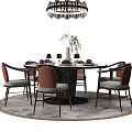 Round Dining Table Set With Brown Backrest Chairs Gray Cushions And Chandelier 3d model