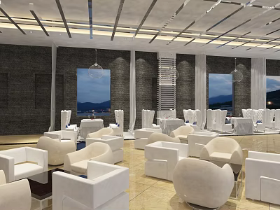 Modern Elegant Restaurant Interior With White Furniture Dark Walls And Blue Paintings 3d model
