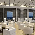 Modern Elegant Restaurant Interior With White Furniture Dark Walls And Blue Paintings