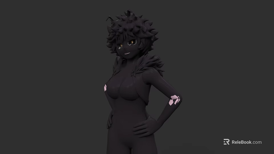Black Clad 3D Woman Character With Spiky Hair Green Eyes And Arm Markings 3d model 