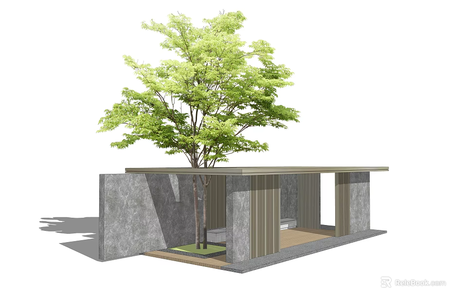 Open Modern Pergola With Stone Walls Wooden Beams And Green Tree 3d model 