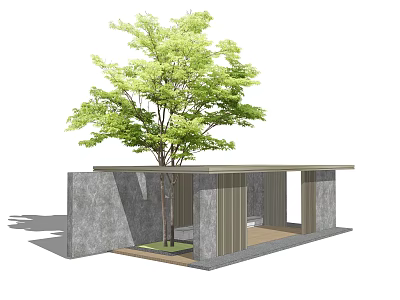 Open Modern Pergola With Stone Walls Wooden Beams And Green Tree 3d model