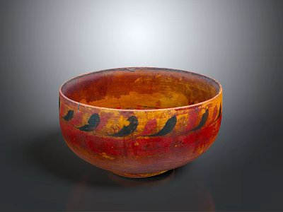 Handmade Ceramic Bowl With Red Yellow Glaze And Black Bird Patterns 3d model