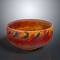Handmade Ceramic Bowl With Red Yellow Glaze And Black Bird Patterns