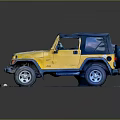 Yellow Jeep with Blue Roof Black Windows and Large Tires on Blue Platform Gray Background