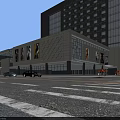 Modern Commercial Complex With Glass Curtain Walls Storefronts Street View And Parking Area