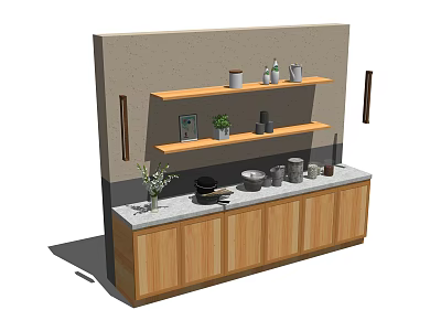 Modern Wooden Sideboard With Floating Shelves Marble Countertop And Decorative Items 3d model
