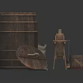 Vintage Rustic Wooden Barrel Setup With Stone Mill And Small Bucket Design 3d model