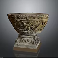 Antique Carved Stone Urn With Elaborate Relief Sculptures And Square Base