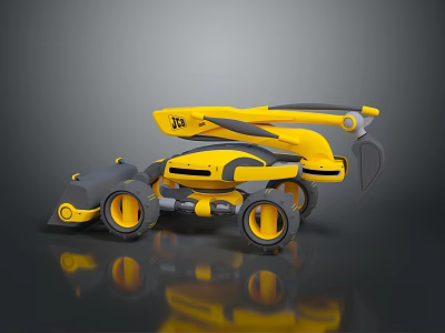 Yellow And Gray Industrial Mechanical Robot With Wheels Arm And Tool Parts 3d model