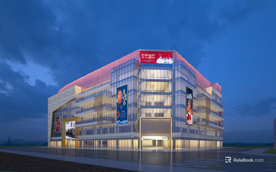 Modern Commercial Complex at Night with Illuminated Glass Facade Large Billboards and Spacious Parking Area 3d model 