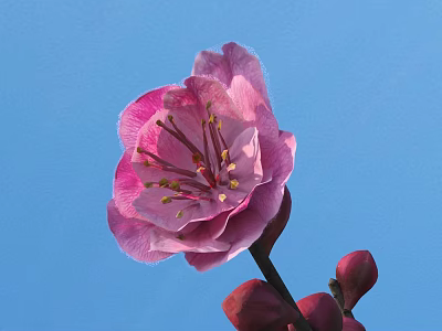 Pink Flower With Delicate Petals And Yellow Stamens And Red Buds Against Blue Sky 3d model