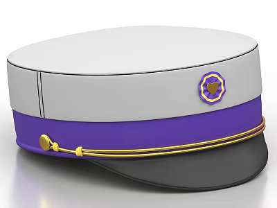 White and Gray Hat Featuring Purple Band Gold Emblem and Decorative Details 3d model