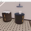 Modern Round Bedside Tables With Drawers Books Glass And Hanging Lamp On Geometric Carpet