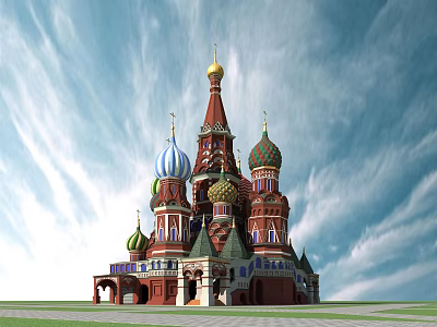 European Architecture with Colorful Onion Domes Golden Spire and Red Brick Walls Under Blue Sky 3d model