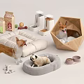 Stylish Pet Cage with Comfortable Beds Pet Food Bowls Toys and Cute Dogs