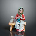 Elderly Woman With Green Headscarf Knitting While Sitting On Bench With White Cat