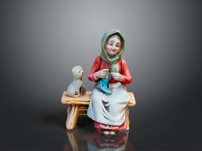 Elderly Woman With Green Headscarf Knitting While Sitting On Bench With White Cat 3d model