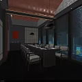 Elegant Private Dining Room Interior With Long Table Chairs And Lattice Windows