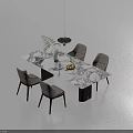 Modern Dining Table Set With Marble Tabletop Four Grey Chairs Fruit Bowl Black Pendant Light