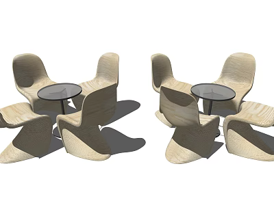 Modern Curved Wooden Table And Chair Set With Round Glass Top Design 3d model