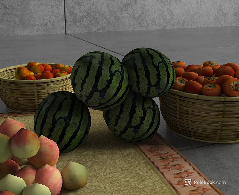Fresh Assorted Fruits with Stacked Watermelons Peaches and Persimmons in Woven Baskets on Floor Mat 3d model 