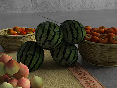 Fresh Assorted Fruits with Stacked Watermelons Peaches and Persimmons in Woven Baskets on Floor Mat 3d model