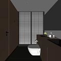 Public Restroom Interior Featuring Wooden Doors Window Blinds Toilet Sink Counter Essentials Striped Floor Tiles