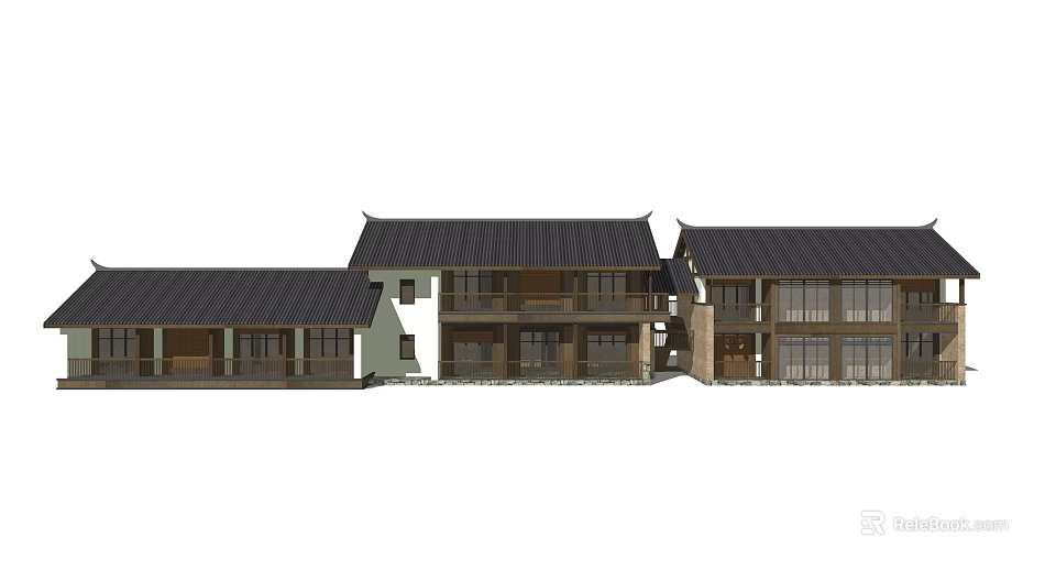 Traditional Homestay Architecture With Black Tiled Roof Multi Story Structure And Wooden Elements 3d model 