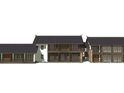 Traditional Homestay Architecture With Black Tiled Roof Multi Story Structure And Wooden Elements 3d model