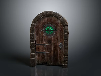 Wooden Arched Door With Stone Frame Green Glass Window And Metal Latch 3d model
