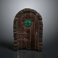 Wooden Arched Door With Stone Frame Green Glass Window And Metal Latch