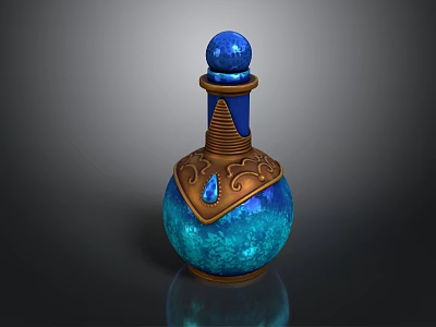 Decorative Blue Glass Bottle With Shiny Bronze Decor Elements For Home Decoration 3d model